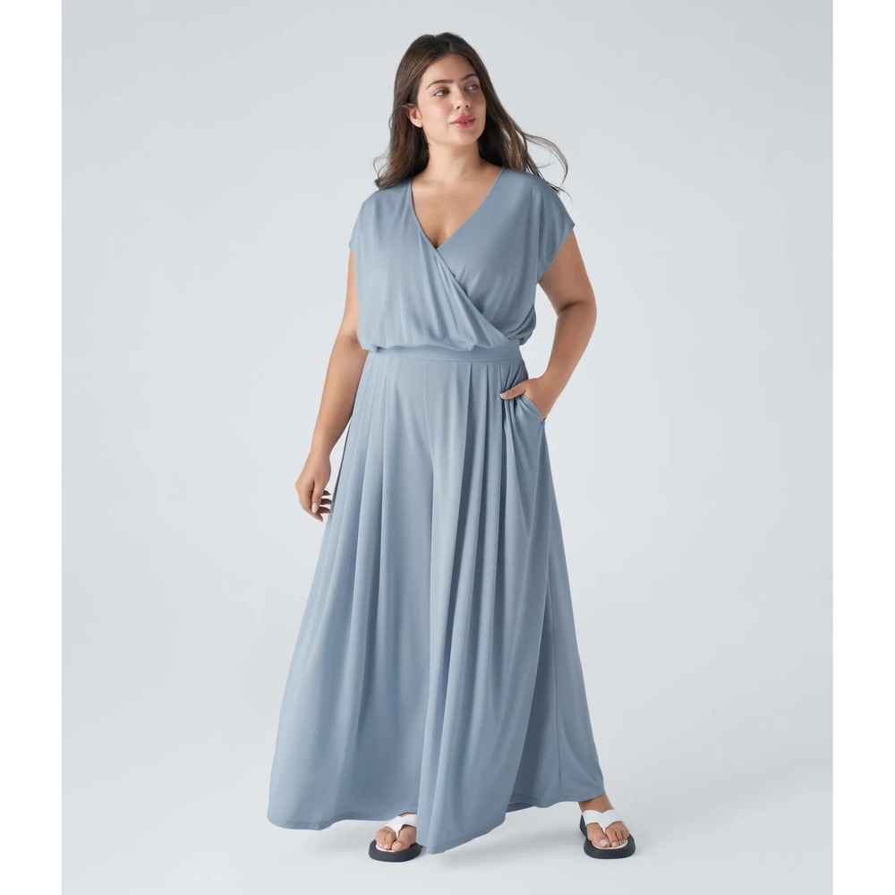 Halara Light Blue Wide Leg Romper Tall Faux Wrap V Neck Size Medium Casual Chic